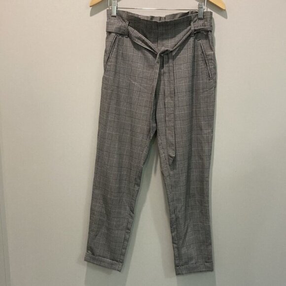 Zara Trafaluc Black And White Plaid Paper Bag Belted Trouser Pants - Picture 14 of 15